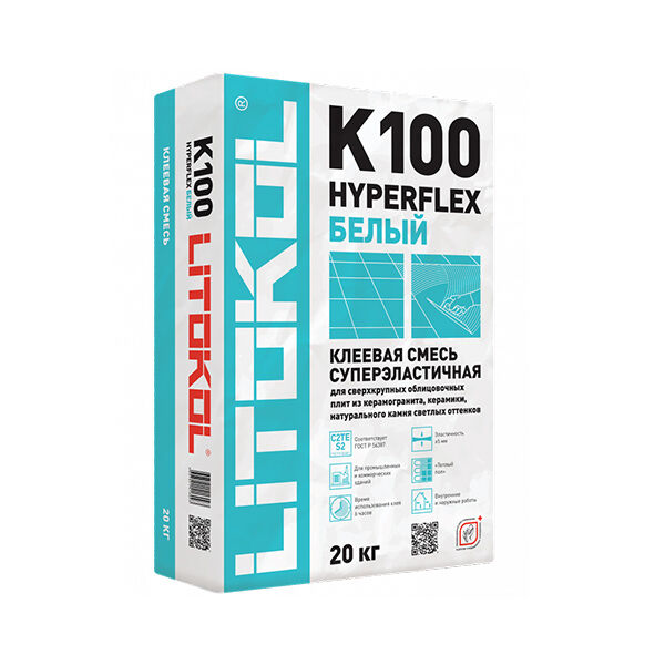 Клей высокоэластичный для укладки крупноформатных плит HYPERFLEX K100 (класс С2 TЕ S2) Белый, 20 кг, LITOKOL
