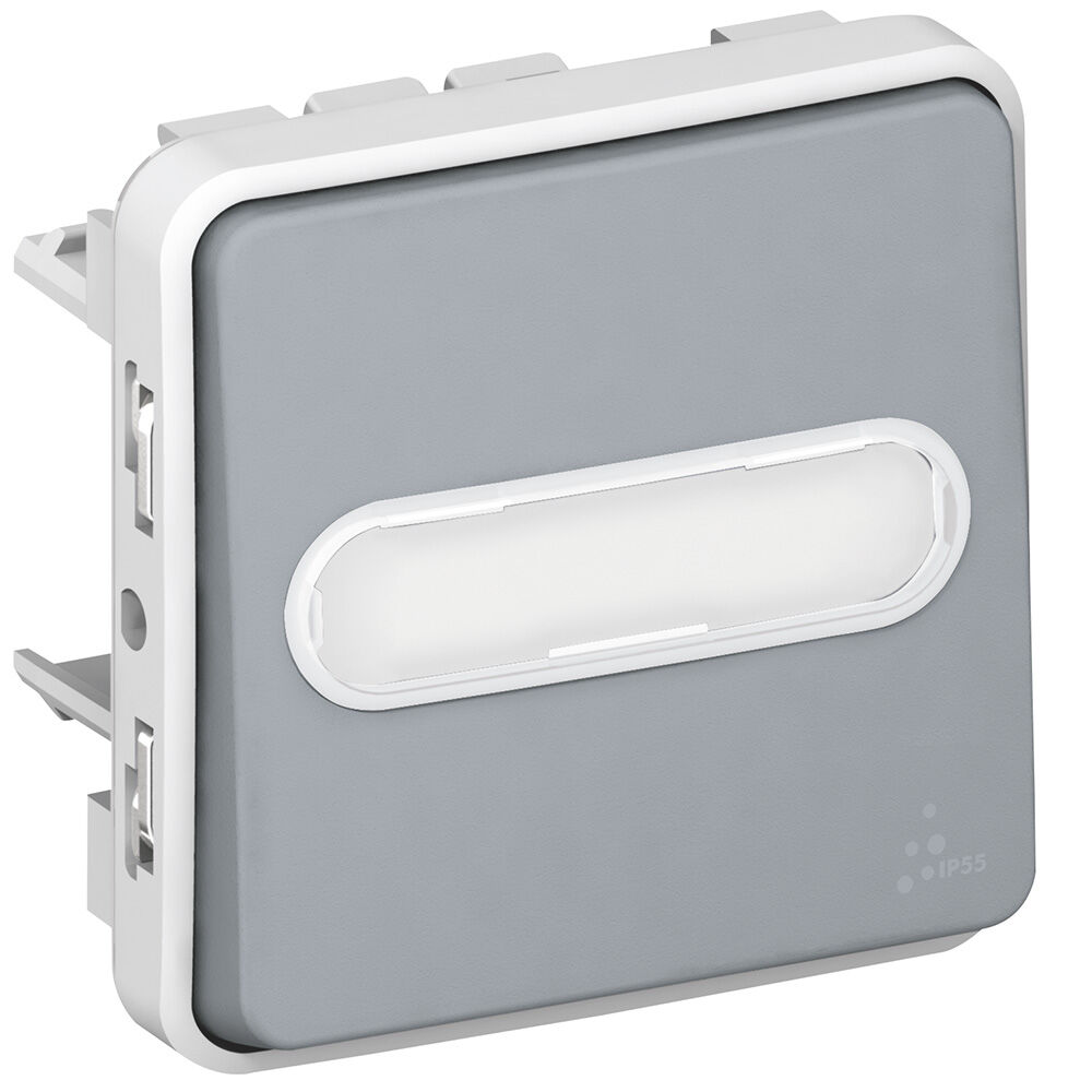 Legrand Plexo Серый Кнопочный выключатель с подсветкой (Н.О.+Н.З. контакты) с держателем этикетки, 10A
