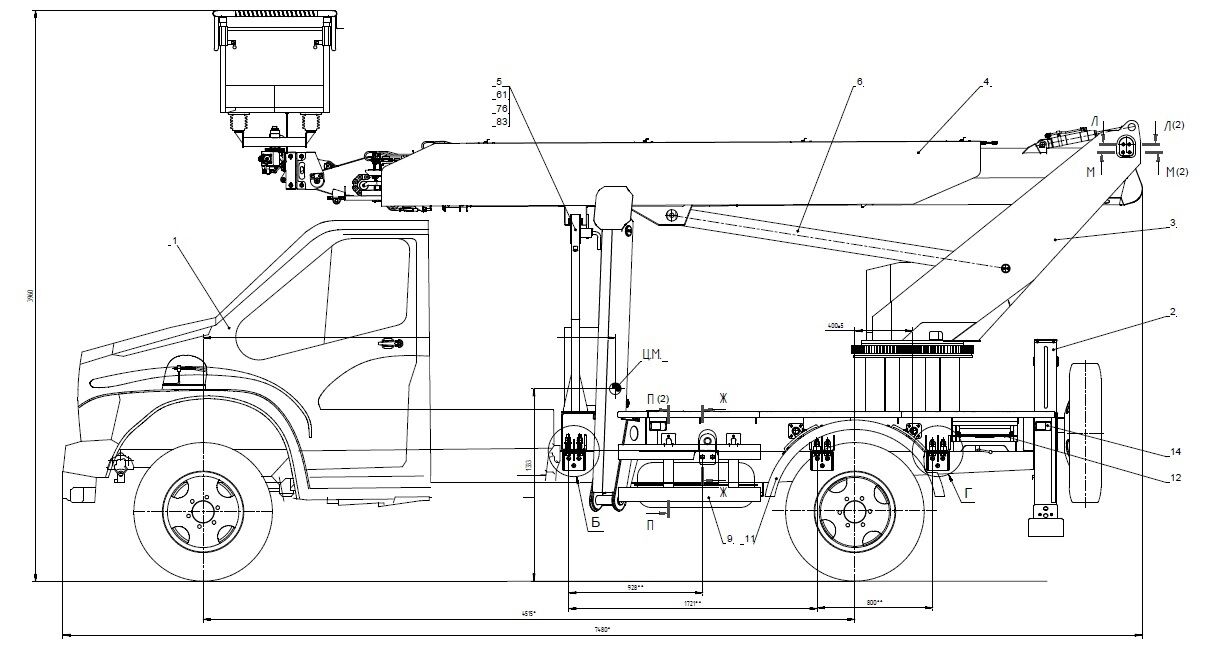Автогидроподъемник КЭМЗ Т-24 на шасси ГАЗ-C41R13-103В (Евро-3, 4х2), однорядный, стрела вперед