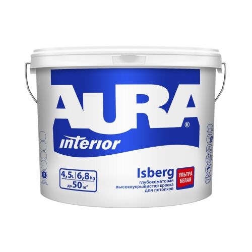 Краска водно-дисперсионная глубокоматовая для потолков AURA ISBERG 4,5 л