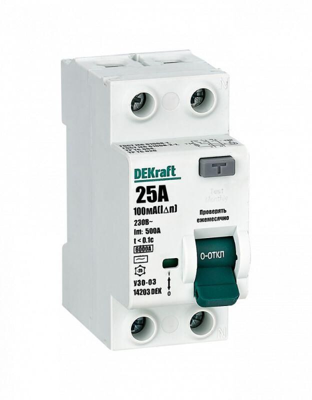 Выключатель дифференциального тока (УЗО) 2п 25 А 10мА тип AC 6кА УЗО-03 DEKraft 14203DEK