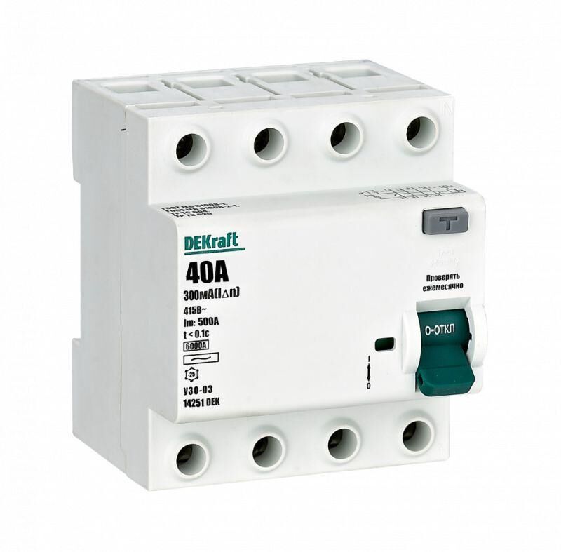 Выключатель дифференциального тока (УЗО) 4п 40 А 300мА тип AC 6кА УЗО-03 DEKraft 14251DEK