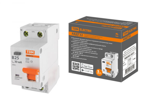 Автоматический выключатель дифференциального тока 32 2P(1P+N) B25А 30мА 4,5кА тип АС TDM ELECTRIC