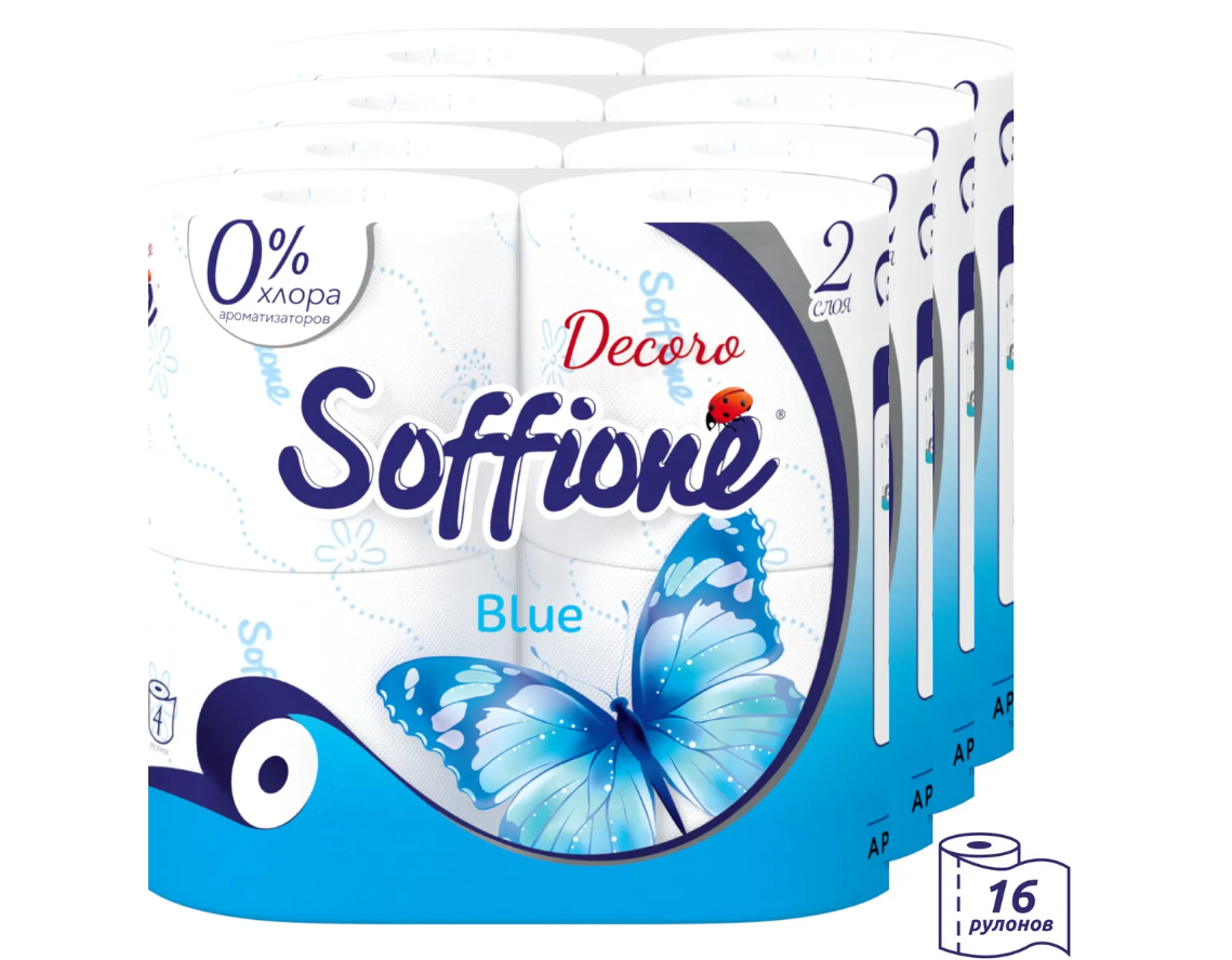 Туалетная бумага Soffijne Decoro bluel 2-х слойная, голубая, 8 рулона