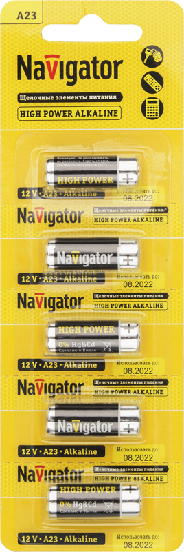 Элемент питания алкалиновый A23 61 464 NBT-NE-A23-BP5 для пультов сигнализаций (блист.5шт) NAVIGATOR 61464 Navigator