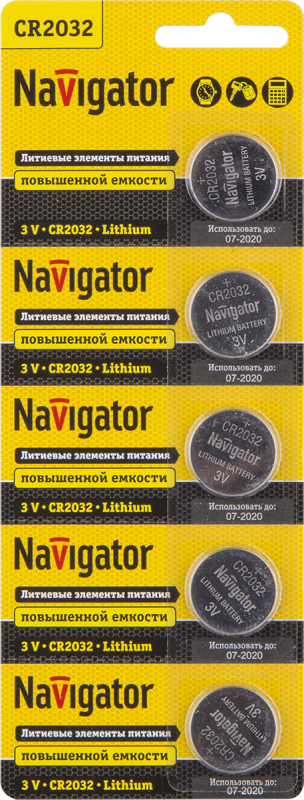 Элемент питания литиевый CR2032 94 765 NBT-CR2032-BP5 (блист.5шт) Navigator 94765 NAVIGATOR