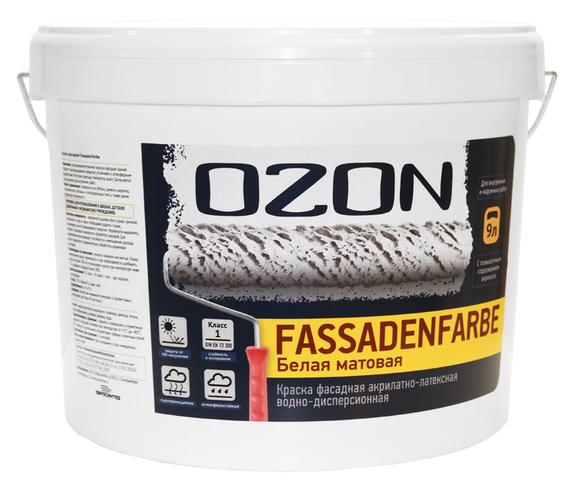 Краска для стен акриловая белая Ozon 0,9 л фасадная Fassadenfarbe ВД-АК-112А (-5) -1,4 А для работ при -5°С