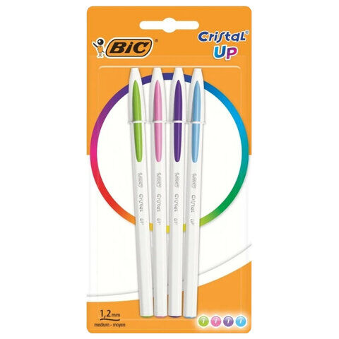 Ручки шариковые BIC "Cristal Up Fun", НАБОР 4 ЦВЕТА (салатовый, розовый, фиолетовый, голубой), узел 1 мм, линия 0,32 мм