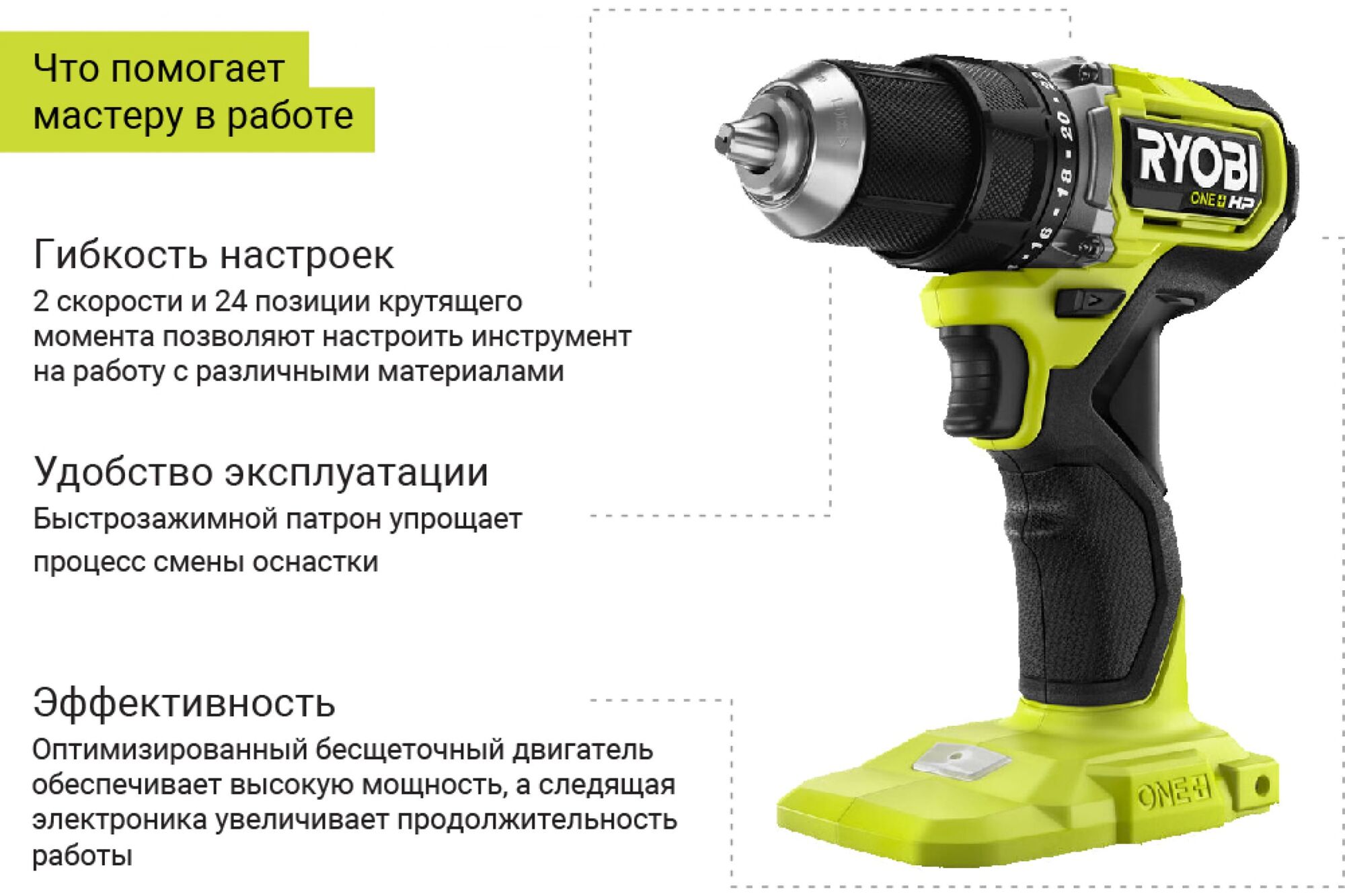 Дрель-шуруповерт бесщеточная Ryobi ONE + RDD18C-220S 5133004980, цена в  Екатеринбурге от компании ГЛОБАЛСТРОЙРТИ