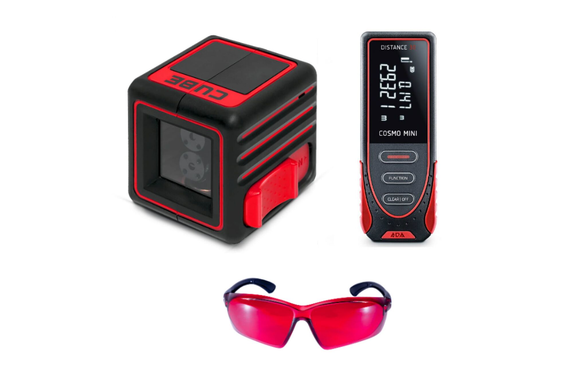 Комплект-4 ADA: лазерный уровень Cube Basic Edition + дальномер Cosmo MINI + очки VISOR RED Laser Glasses А00550