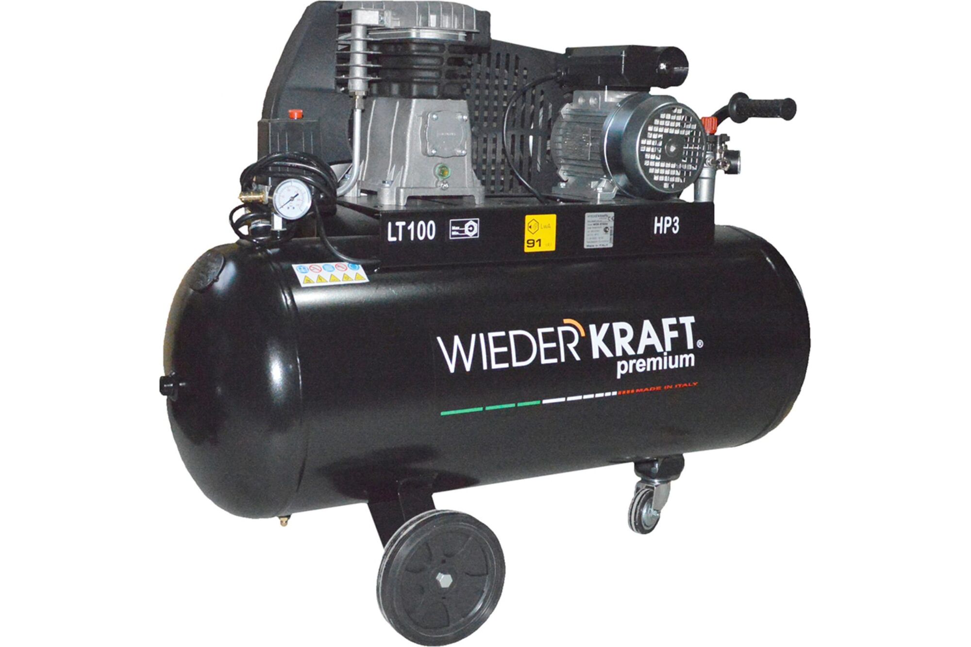 Масляный поршневой компрессор с ременным приводом WIEDERKRAFT 400 л/мин, ресивер 100 л, WDK-91040